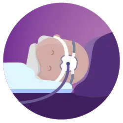 Et rundt lilla ikon med en tegning av en mann som sover på siden mens han har på seg en maske.