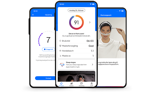 myAir-appen med søvndata, maskeoppsett og skjermbilder for prøvekjøring